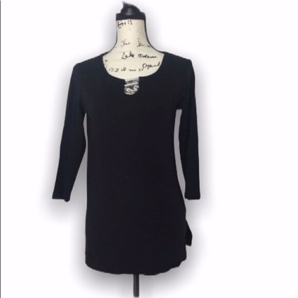 Karen Scott Tops - Karen Scott Black 3/4 Sleeve Top | XS | Silver Bar Neckline Stretch Blouse